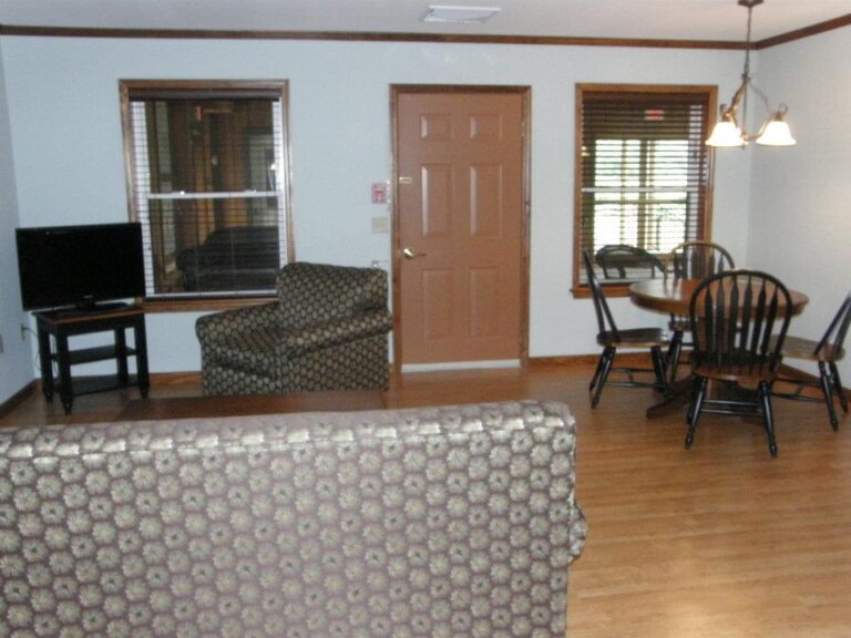 Living room with patterned furniture, a TV, a dining table with chairs, wood floors, and windows with blinds.