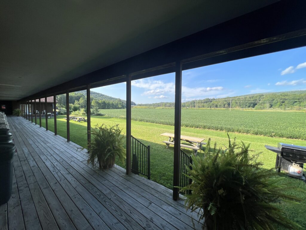 Covered wooden porch overlooking a grassy yard with picnic tables, grill, and green fields under a blue sky.