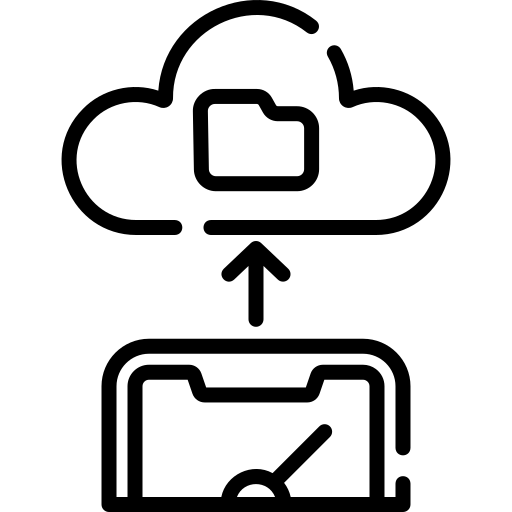 Line drawing of a cloud with a folder, an upward arrow, and a laptop, representing cloud data upload or cloud storage.