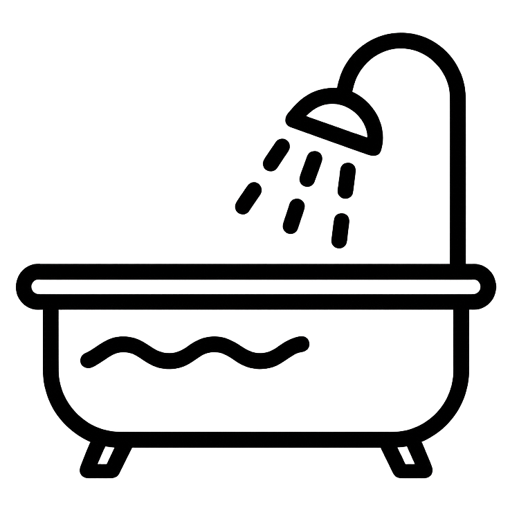 Simple black and white icon of a bathtub with a showerhead spraying water.