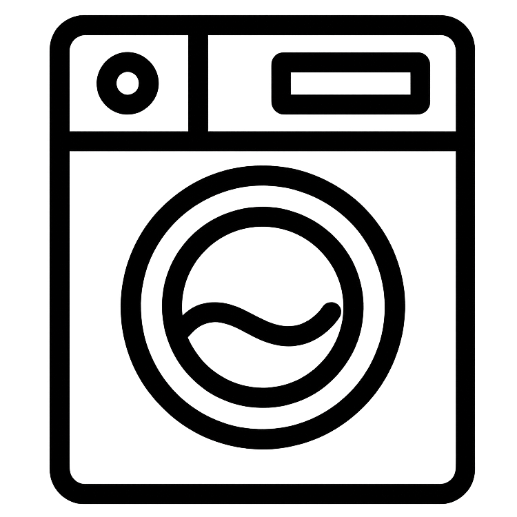 Black and white line drawing of a washing machine with a circular door and control panel on top.