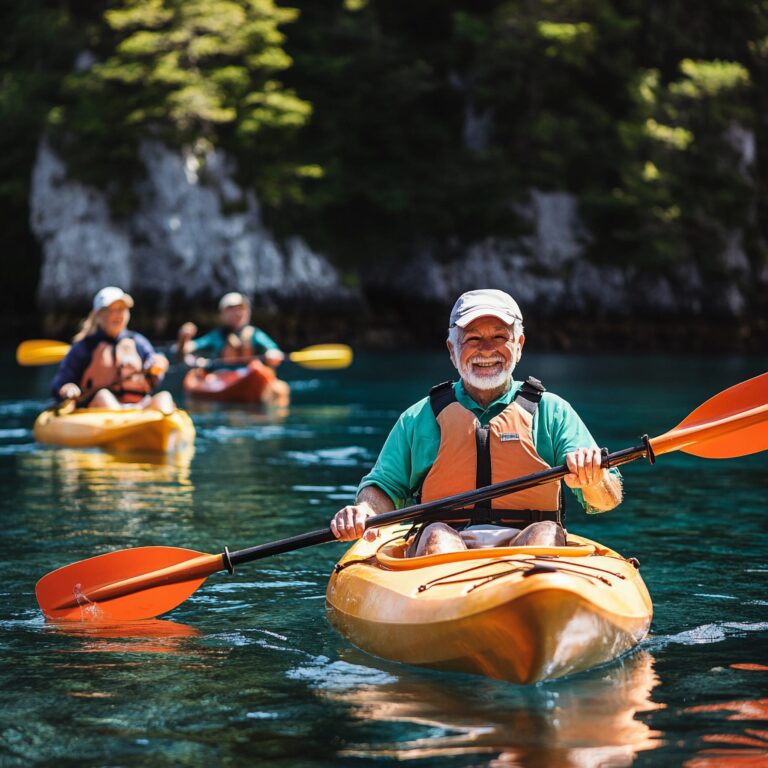 A smiling older man kayaks on clear water with two people paddling behind him near a forested shoreline.