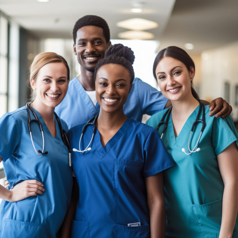 Four smiling healthcare workers in scrubs stand together in a bright hospital hallway, appearing friendly and supportive.